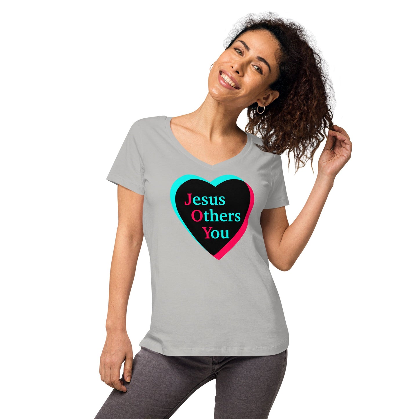 JOY = Jesus Others You - Tiktok Style Dark on Light - Women’s fitted v-neck t-shirt - Creation Awaits