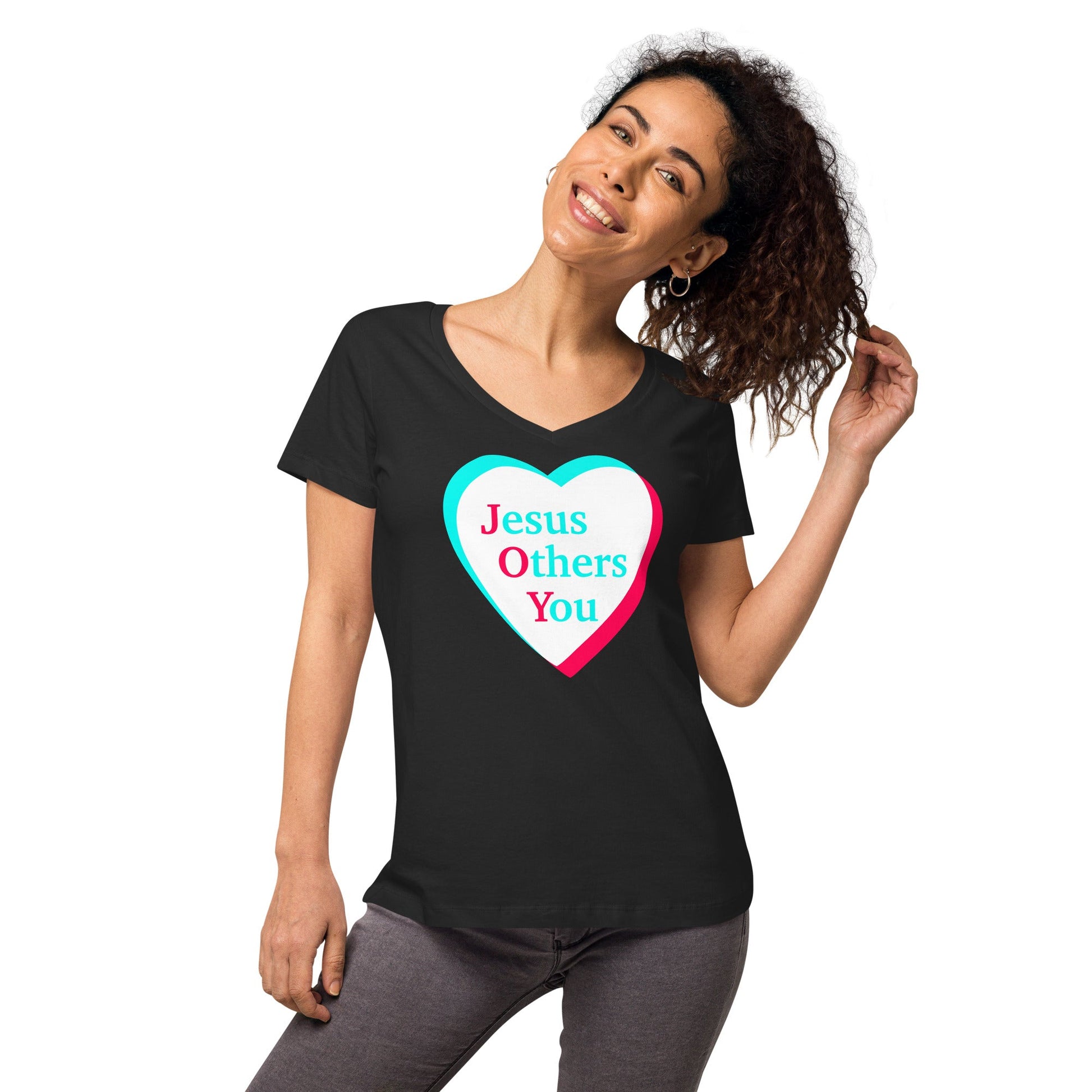 JOY = Jesus Others You - Tiktok Style Light on Dark - Women’s fitted v-neck t-shirt copy - Creation Awaits