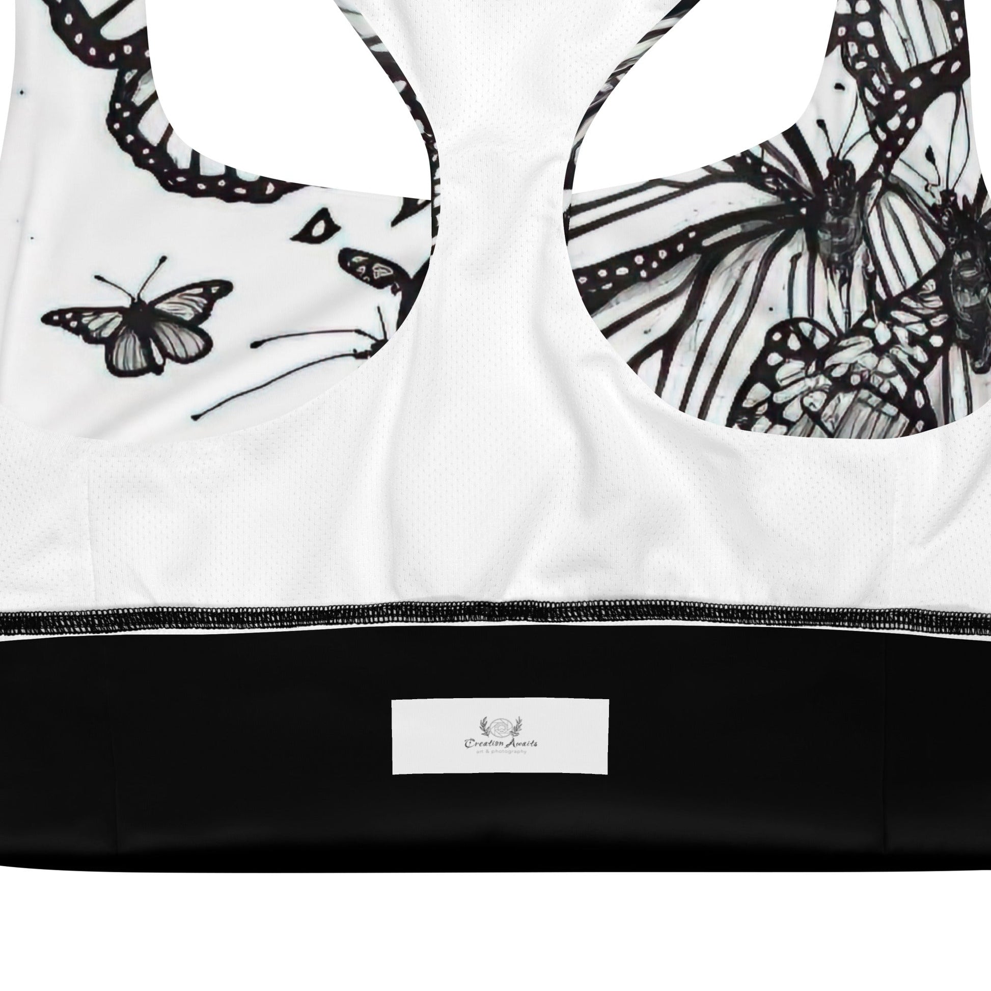 Longline sports bra - Midjourney Ai Butterfly Ink - Creation Awaits