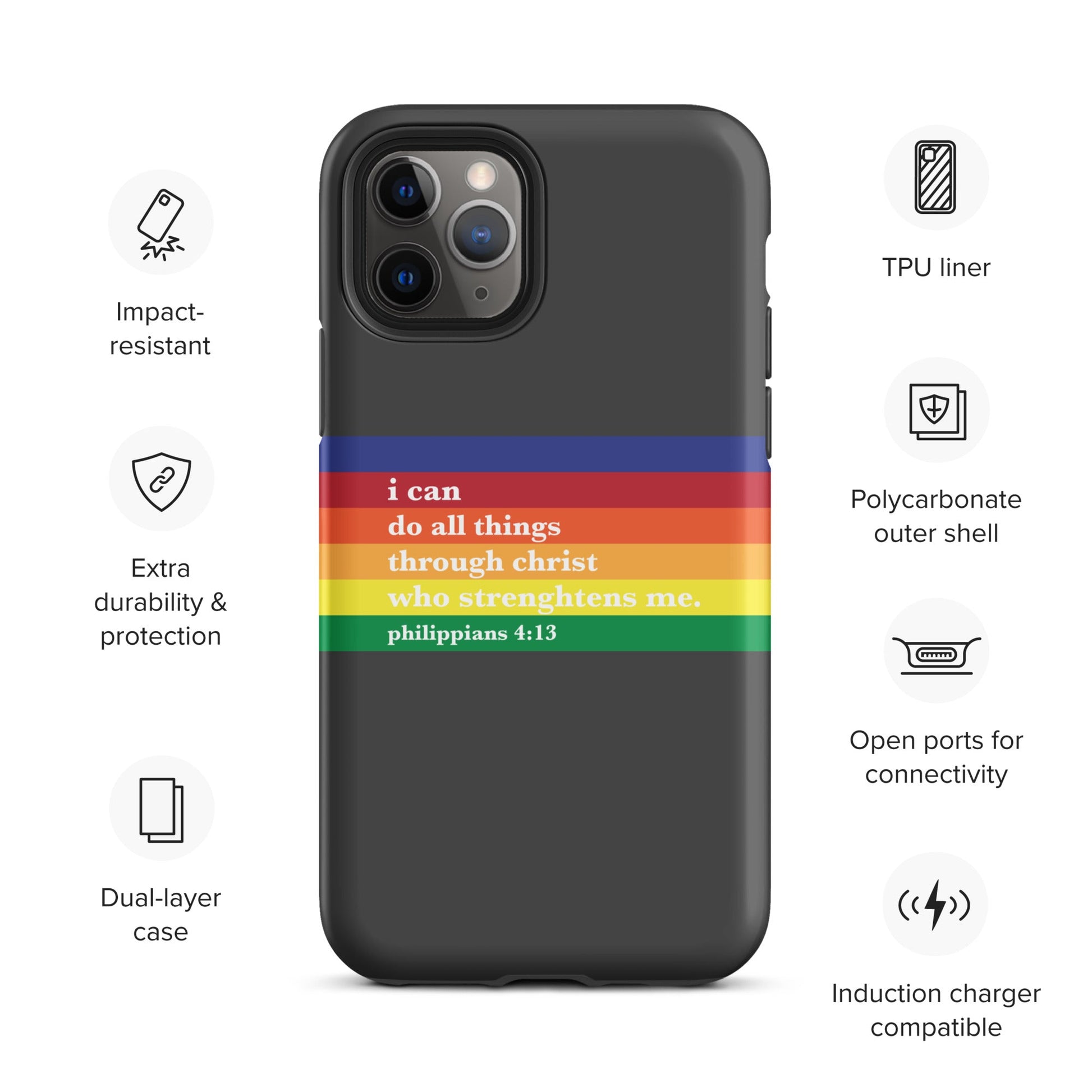 Philippians 4:13 - Charcoal - Tough iPhone case for iPhone 11 Pro Max & Mini, 12 Pro Max & Mini, 13 Pro Max & Mini, 14 Pro Max & Mini - Creation Awaits