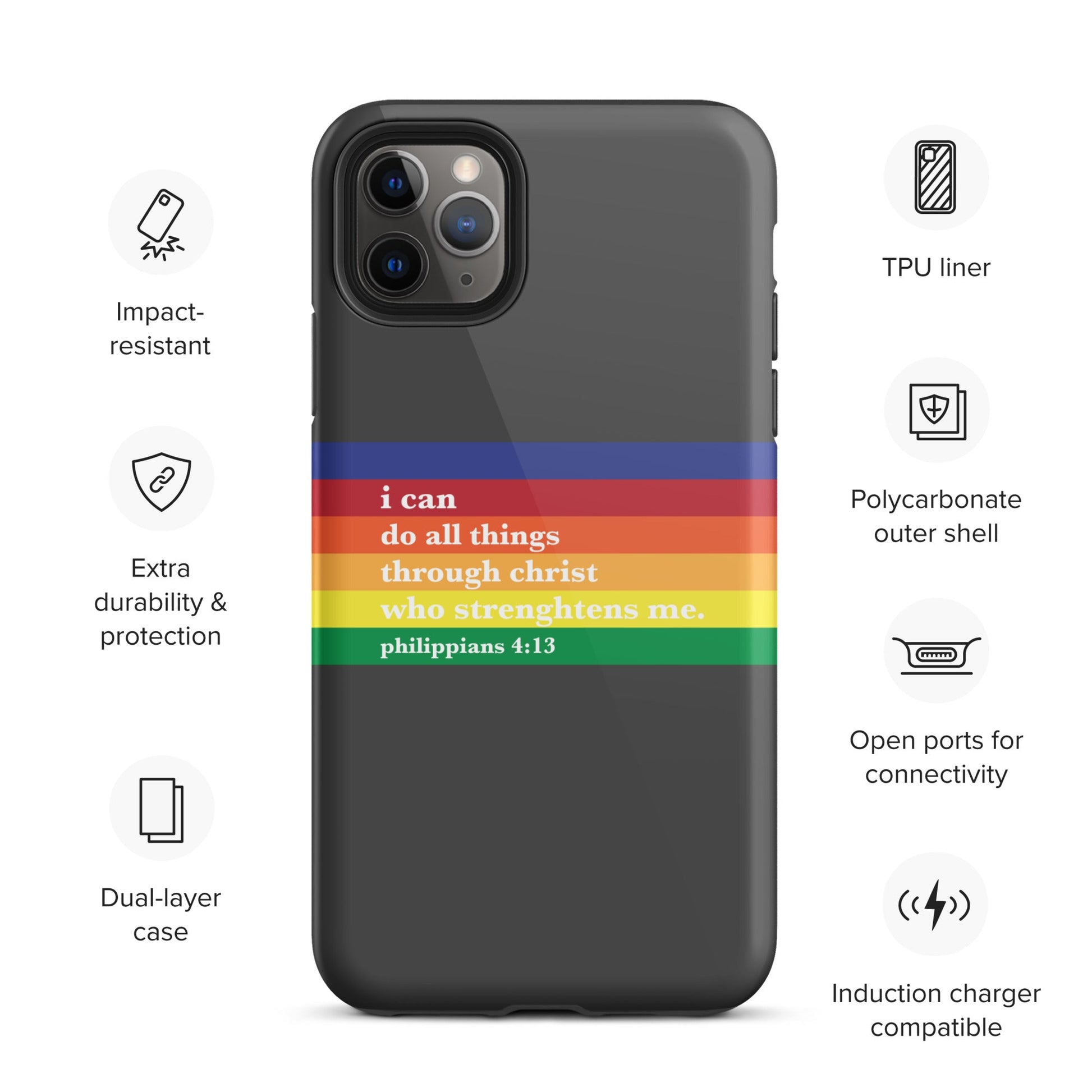 Philippians 4:13 - Charcoal - Tough iPhone case for iPhone 11 Pro Max & Mini, 12 Pro Max & Mini, 13 Pro Max & Mini, 14 Pro Max & Mini - Creation Awaits