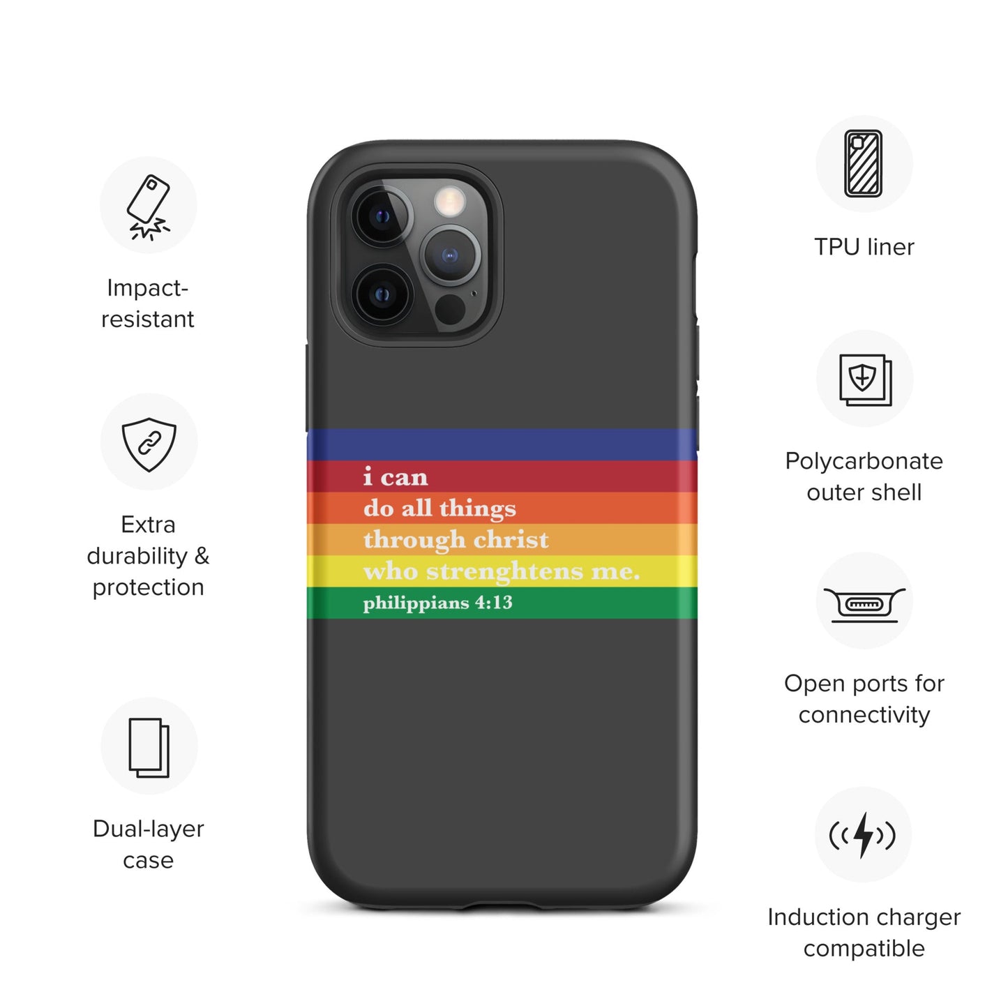 Philippians 4:13 - Charcoal - Tough iPhone case for iPhone 11 Pro Max & Mini, 12 Pro Max & Mini, 13 Pro Max & Mini, 14 Pro Max & Mini - Creation Awaits