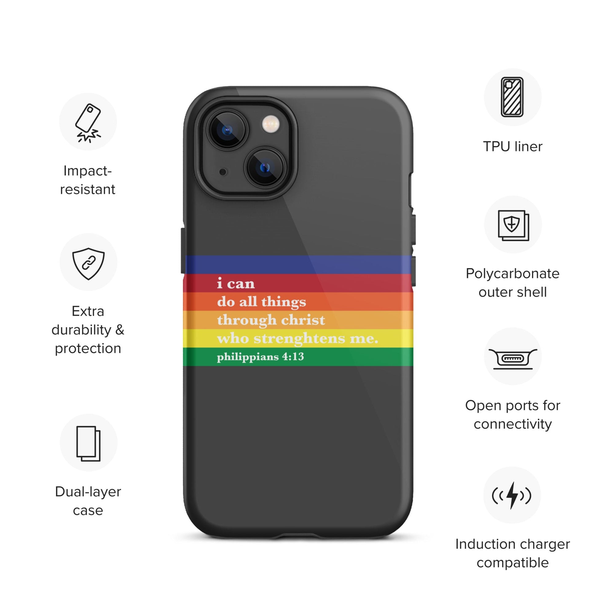 Philippians 4:13 - Charcoal - Tough iPhone case for iPhone 11 Pro Max & Mini, 12 Pro Max & Mini, 13 Pro Max & Mini, 14 Pro Max & Mini - Creation Awaits