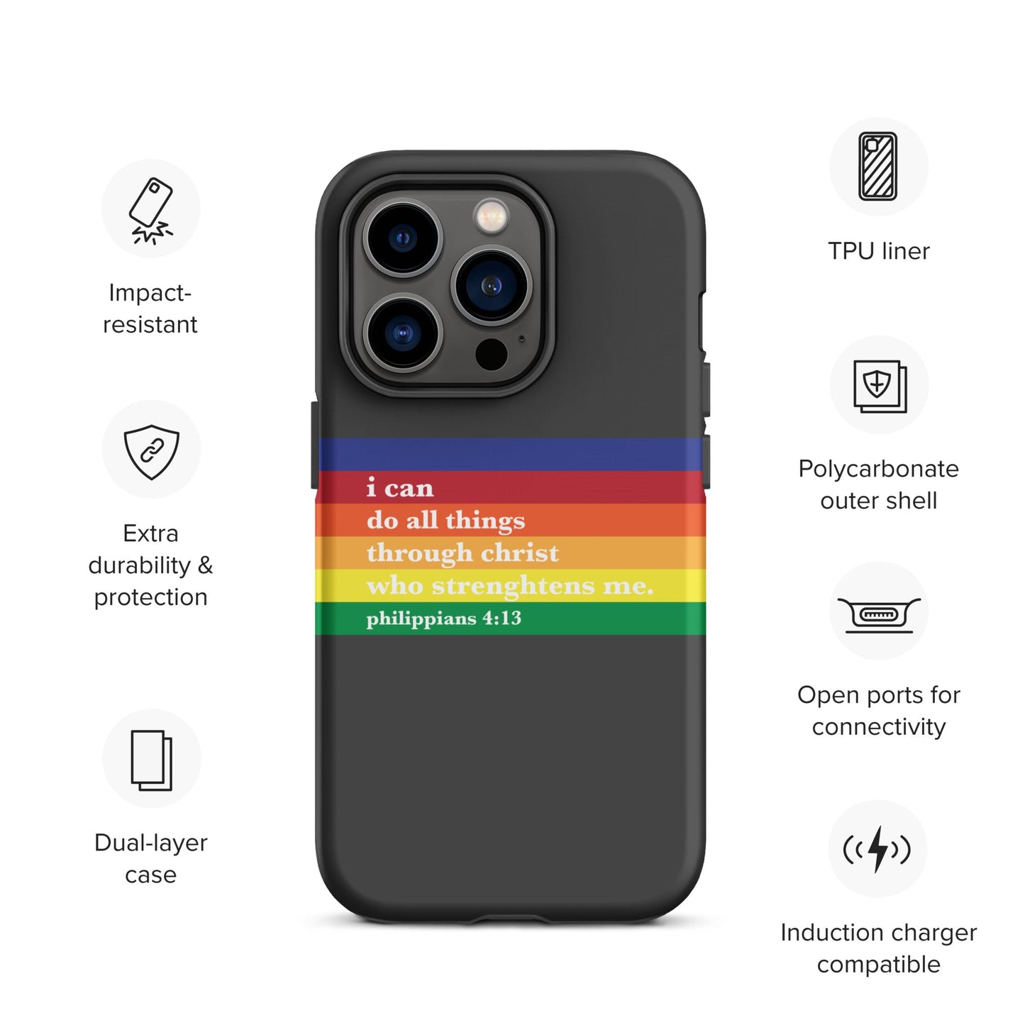 Philippians 4:13 - Charcoal - Tough iPhone case for iPhone 11 Pro Max & Mini, 12 Pro Max & Mini, 13 Pro Max & Mini, 14 Pro Max & Mini - Creation Awaits