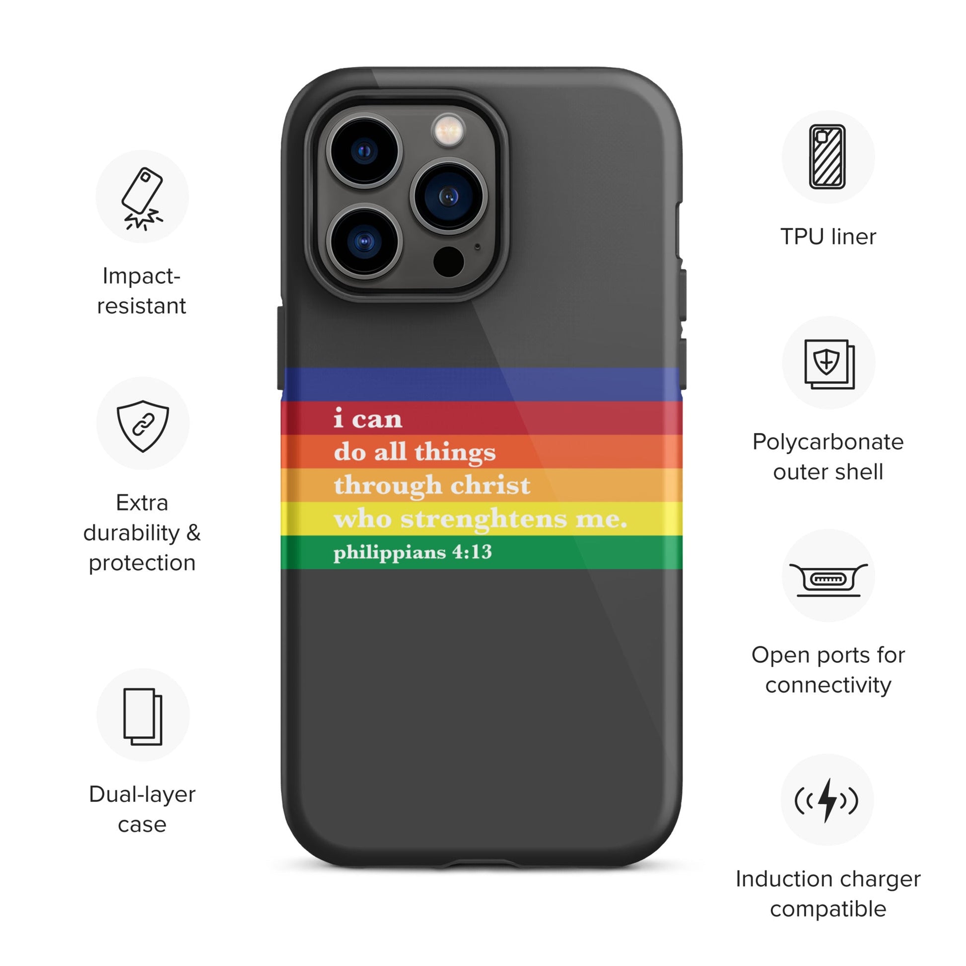 Philippians 4:13 - Charcoal - Tough iPhone case for iPhone 11 Pro Max & Mini, 12 Pro Max & Mini, 13 Pro Max & Mini, 14 Pro Max & Mini - Creation Awaits