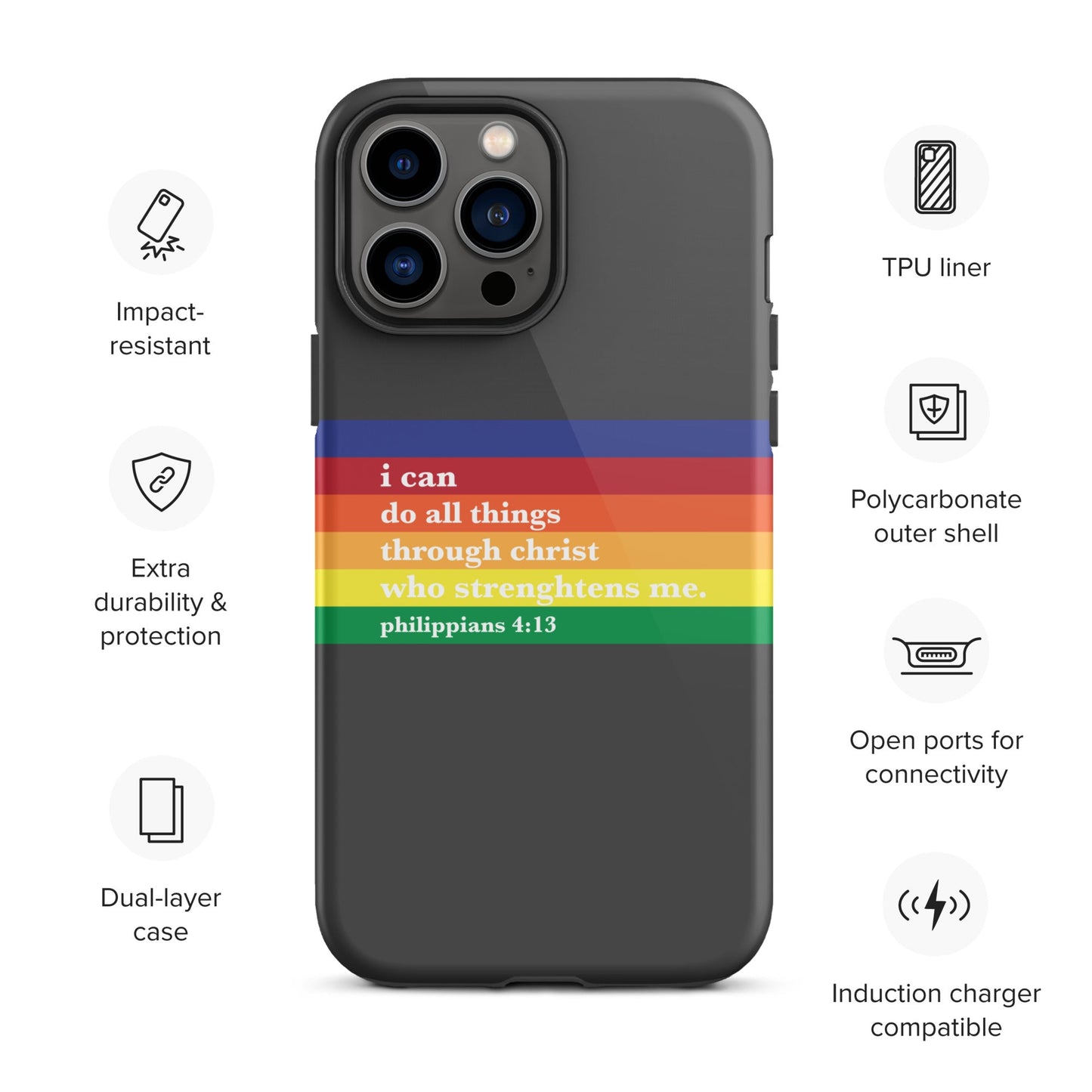 Philippians 4:13 - Charcoal - Tough iPhone case for iPhone 11 Pro Max & Mini, 12 Pro Max & Mini, 13 Pro Max & Mini, 14 Pro Max & Mini - Creation Awaits