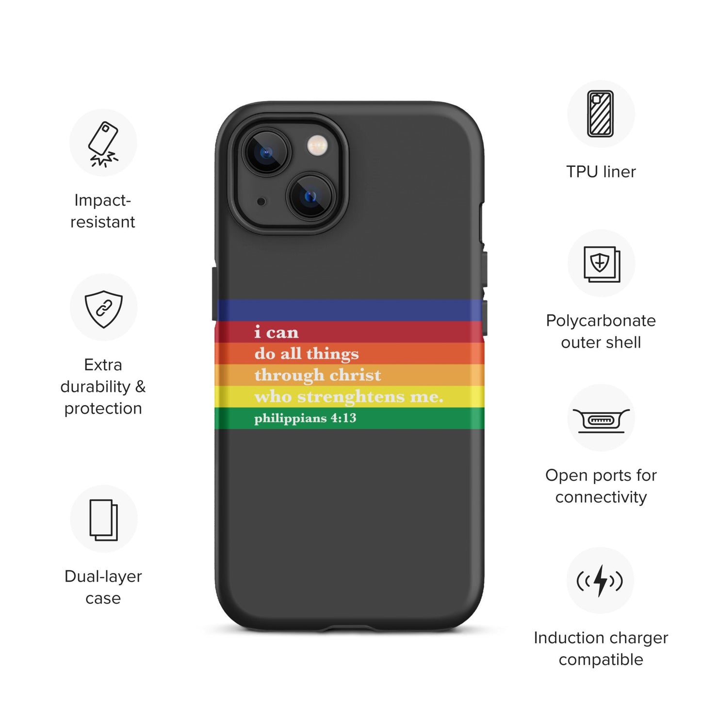 Philippians 4:13 - Charcoal - Tough iPhone case for iPhone 11 Pro Max & Mini, 12 Pro Max & Mini, 13 Pro Max & Mini, 14 Pro Max & Mini - Creation Awaits