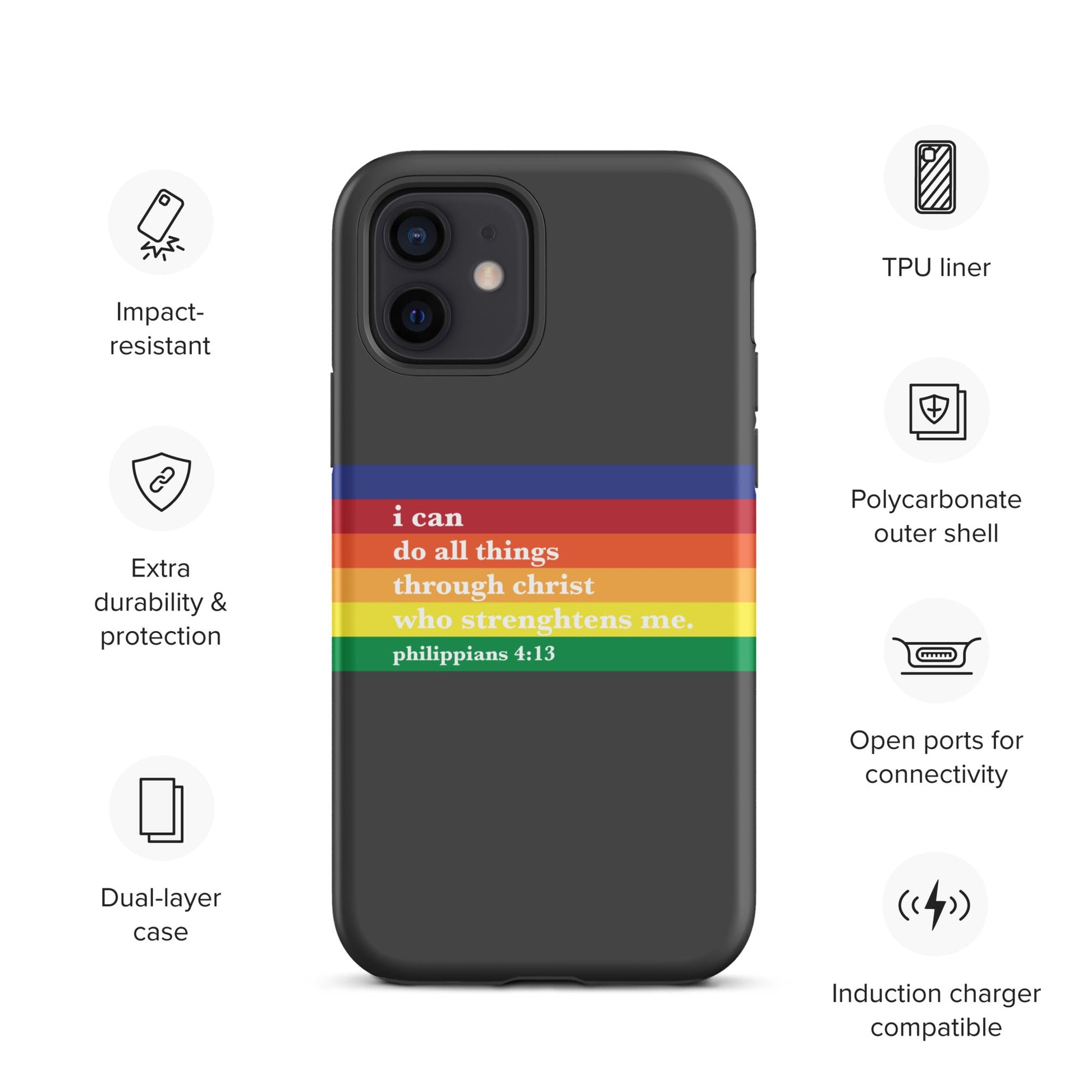 Philippians 4:13 - Charcoal - Tough iPhone case for iPhone 11 Pro Max & Mini, 12 Pro Max & Mini, 13 Pro Max & Mini, 14 Pro Max & Mini - Creation Awaits