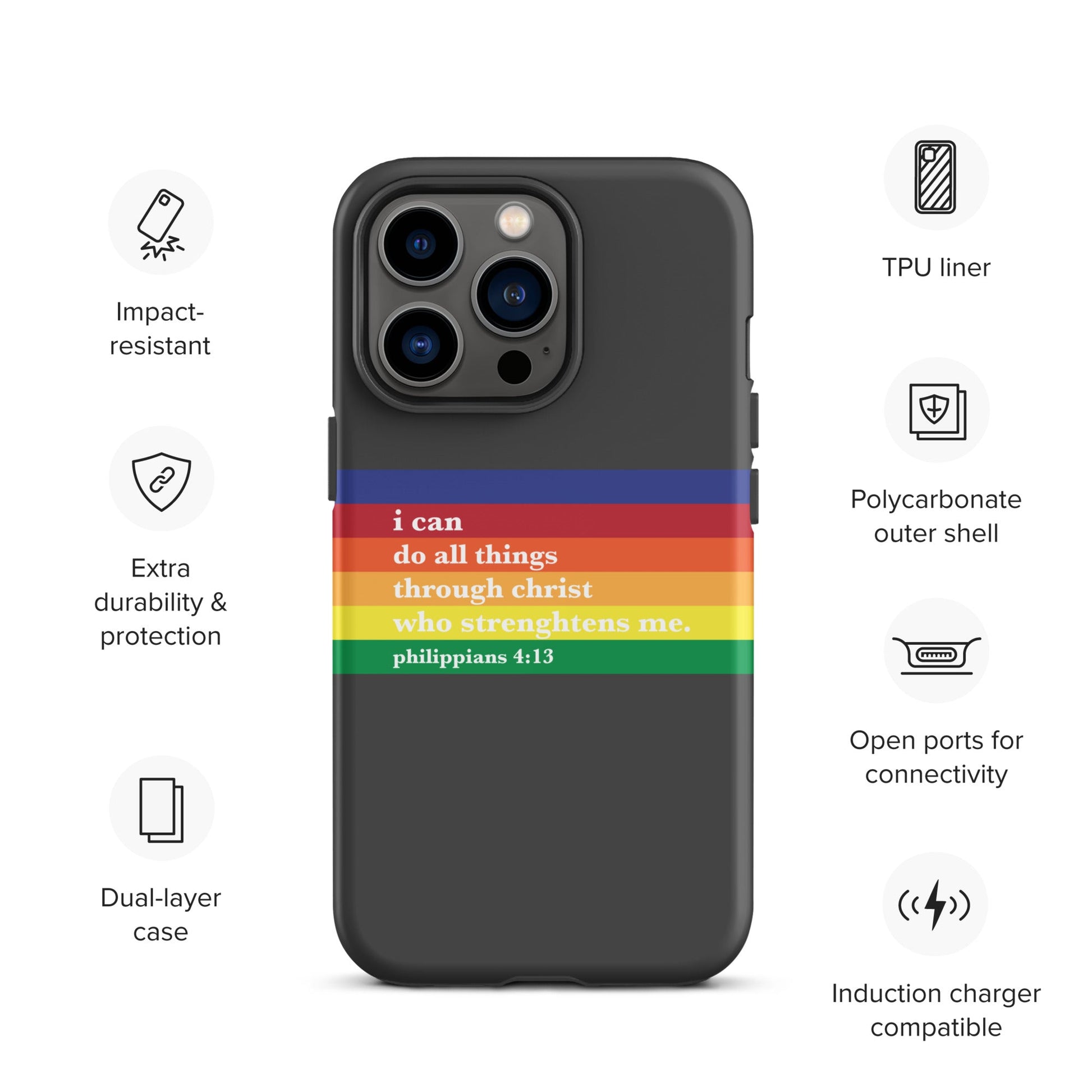 Philippians 4:13 - Charcoal - Tough iPhone case for iPhone 11 Pro Max & Mini, 12 Pro Max & Mini, 13 Pro Max & Mini, 14 Pro Max & Mini - Creation Awaits