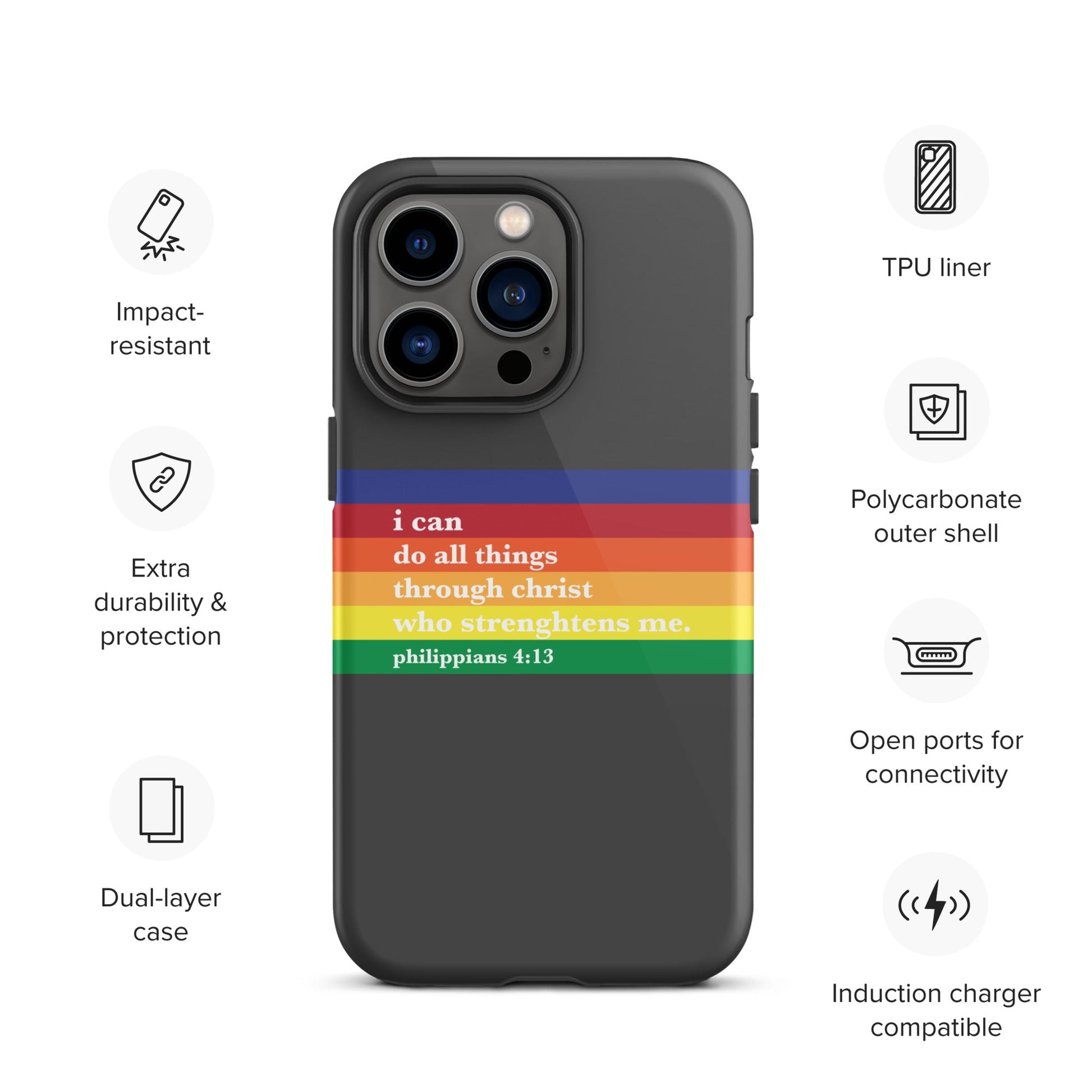 Philippians 4:13 - Charcoal - Tough iPhone case for iPhone 11 Pro Max & Mini, 12 Pro Max & Mini, 13 Pro Max & Mini, 14 Pro Max & Mini - Creation Awaits