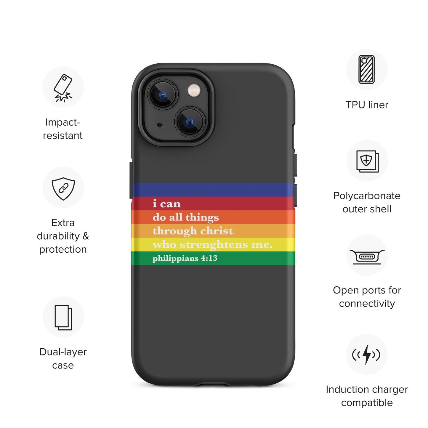 Philippians 4:13 - Charcoal - Tough iPhone case for iPhone 11 Pro Max & Mini, 12 Pro Max & Mini, 13 Pro Max & Mini, 14 Pro Max & Mini - Creation Awaits