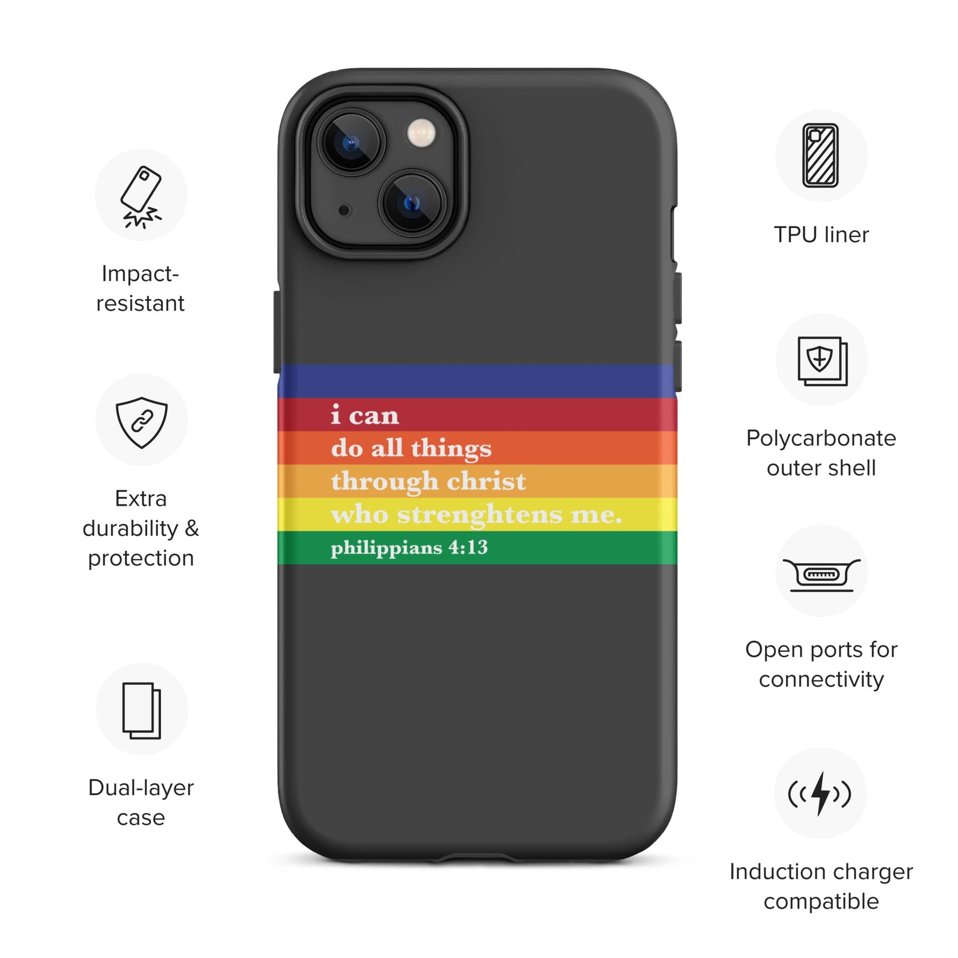 Philippians 4:13 - Charcoal - Tough iPhone case for iPhone 11 Pro Max & Mini, 12 Pro Max & Mini, 13 Pro Max & Mini, 14 Pro Max & Mini - Creation Awaits