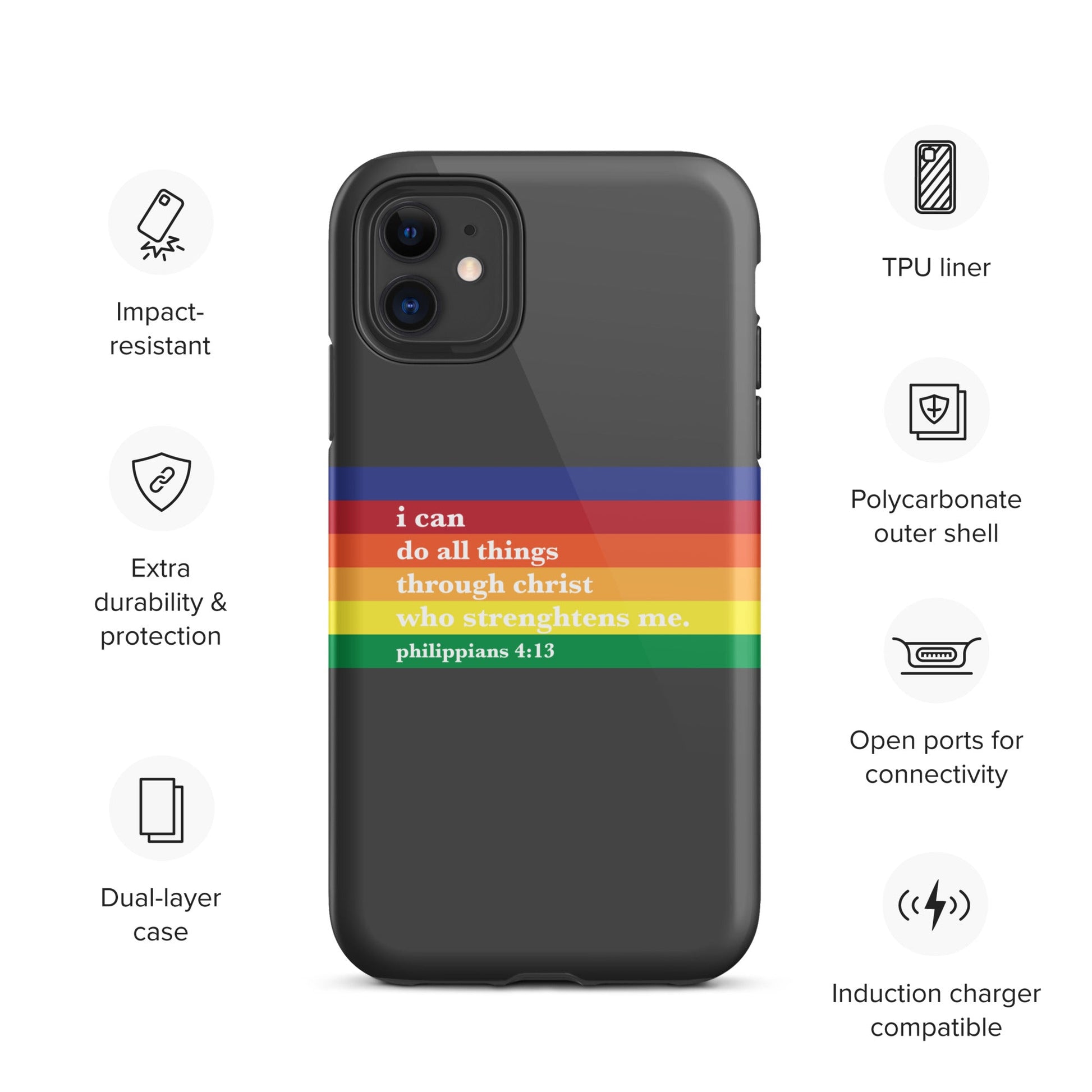 Philippians 4:13 - Charcoal - Tough iPhone case for iPhone 11 Pro Max & Mini, 12 Pro Max & Mini, 13 Pro Max & Mini, 14 Pro Max & Mini - Creation Awaits