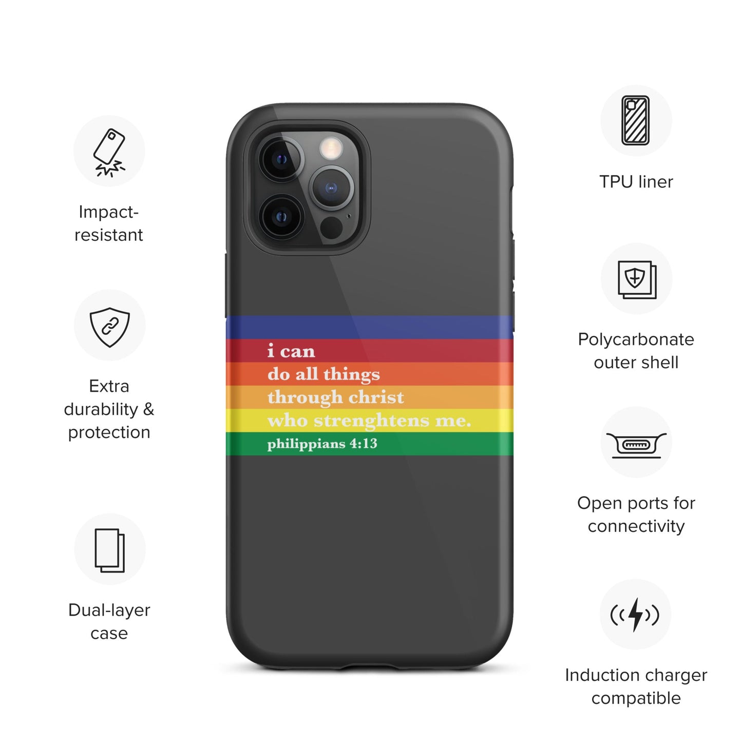 Philippians 4:13 - Charcoal - Tough iPhone case for iPhone 11 Pro Max & Mini, 12 Pro Max & Mini, 13 Pro Max & Mini, 14 Pro Max & Mini - Creation Awaits