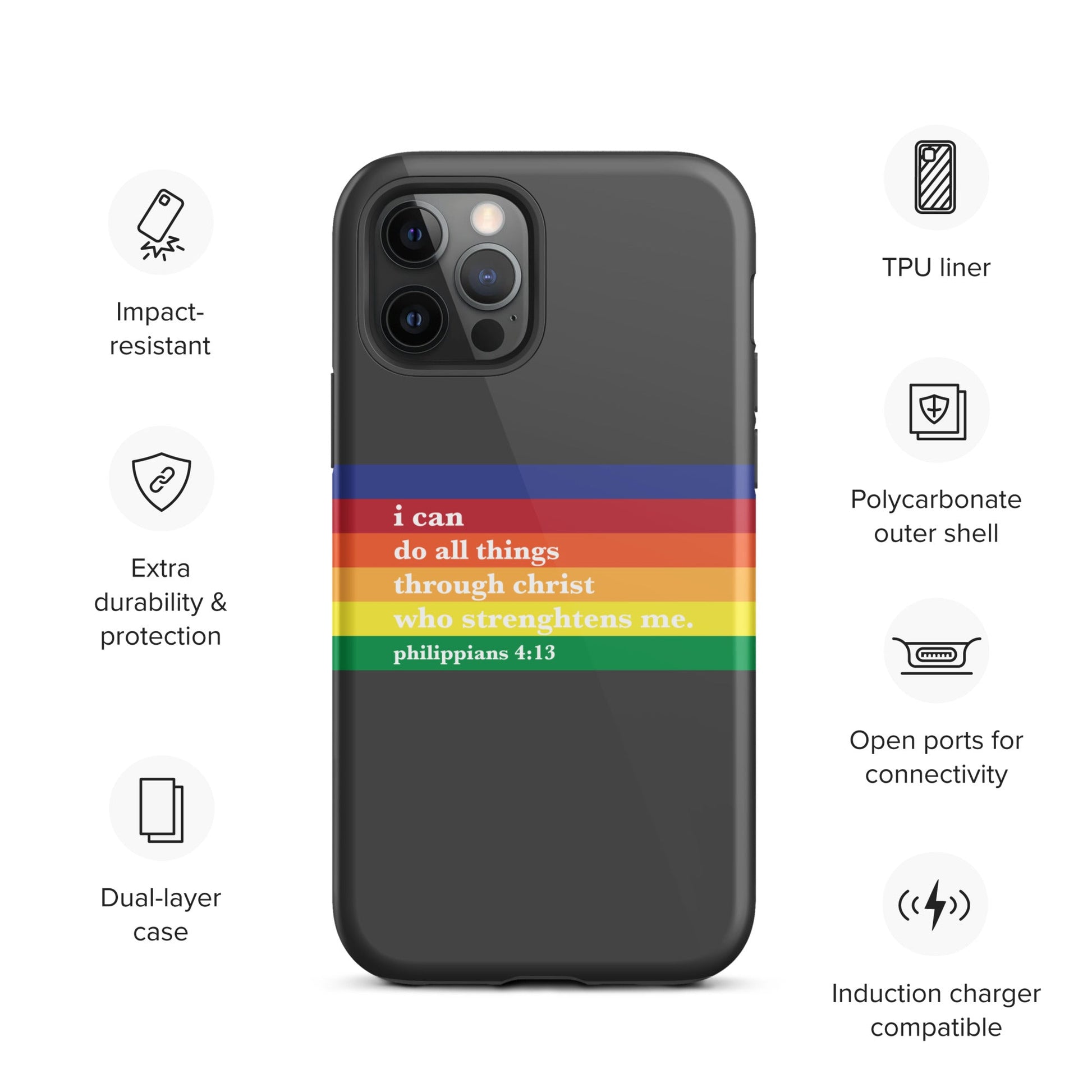 Philippians 4:13 - Charcoal - Tough iPhone case for iPhone 11 Pro Max & Mini, 12 Pro Max & Mini, 13 Pro Max & Mini, 14 Pro Max & Mini - Creation Awaits