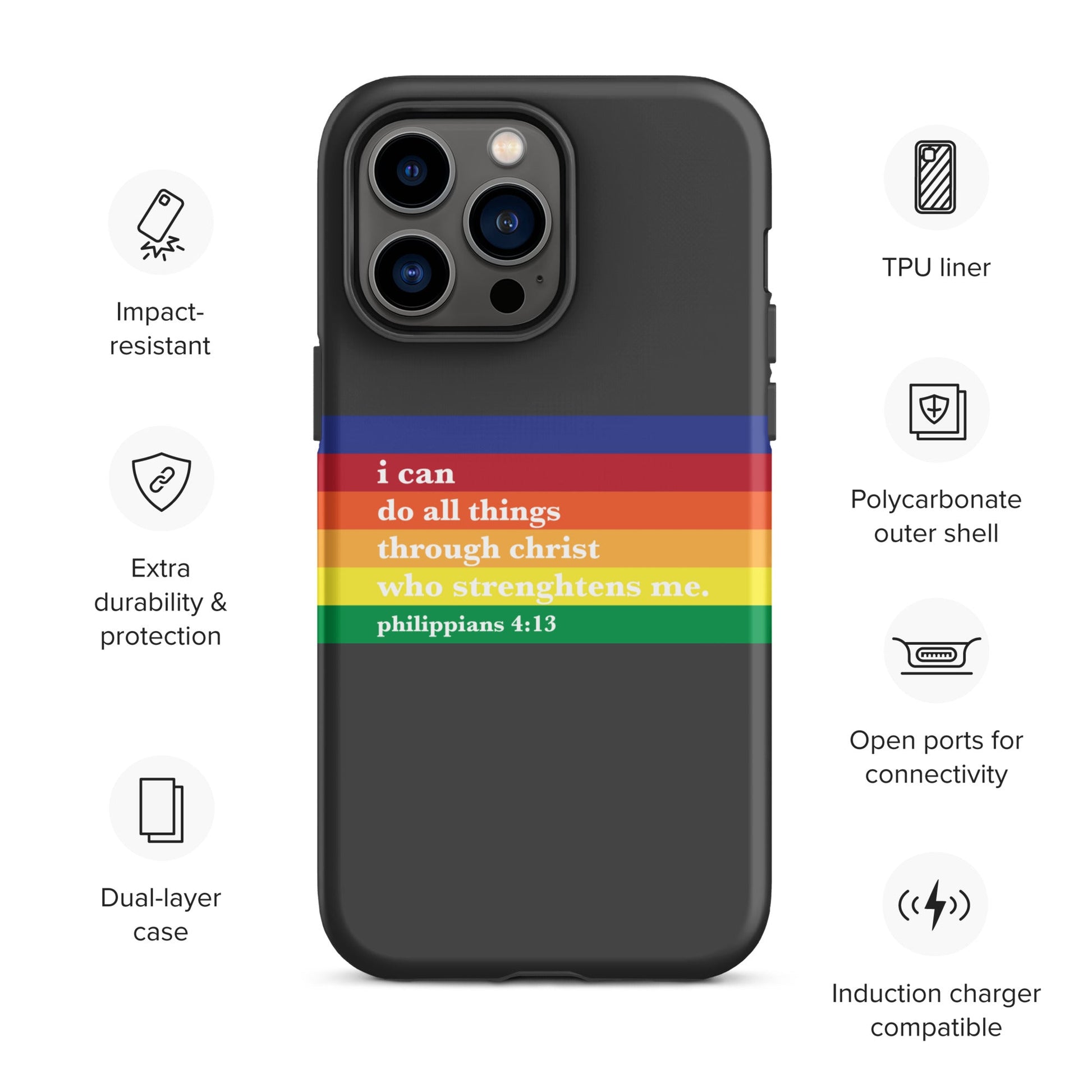 Philippians 4:13 - Charcoal - Tough iPhone case for iPhone 11 Pro Max & Mini, 12 Pro Max & Mini, 13 Pro Max & Mini, 14 Pro Max & Mini - Creation Awaits