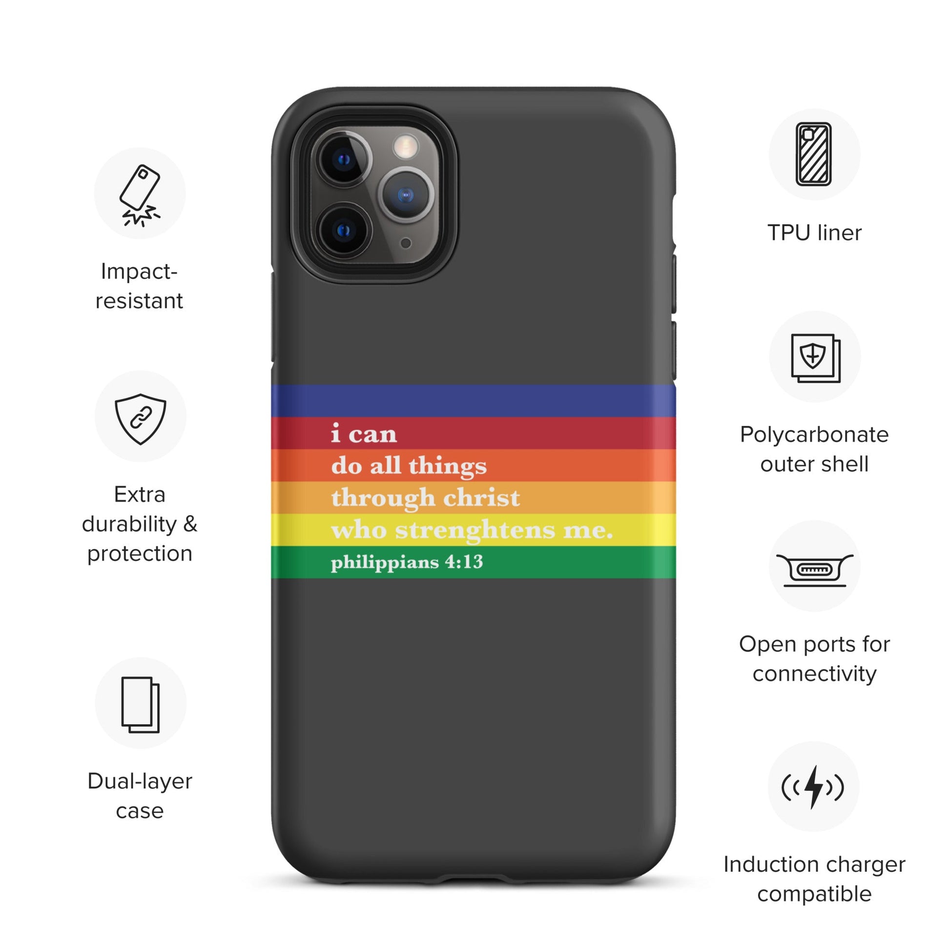 Philippians 4:13 - Charcoal - Tough iPhone case for iPhone 11 Pro Max & Mini, 12 Pro Max & Mini, 13 Pro Max & Mini, 14 Pro Max & Mini - Creation Awaits