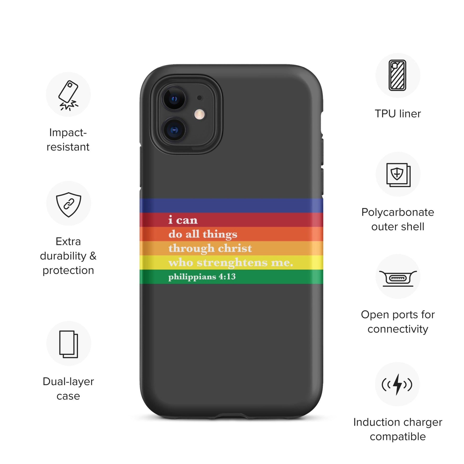 Philippians 4:13 - Charcoal - Tough iPhone case for iPhone 11 Pro Max & Mini, 12 Pro Max & Mini, 13 Pro Max & Mini, 14 Pro Max & Mini - Creation Awaits