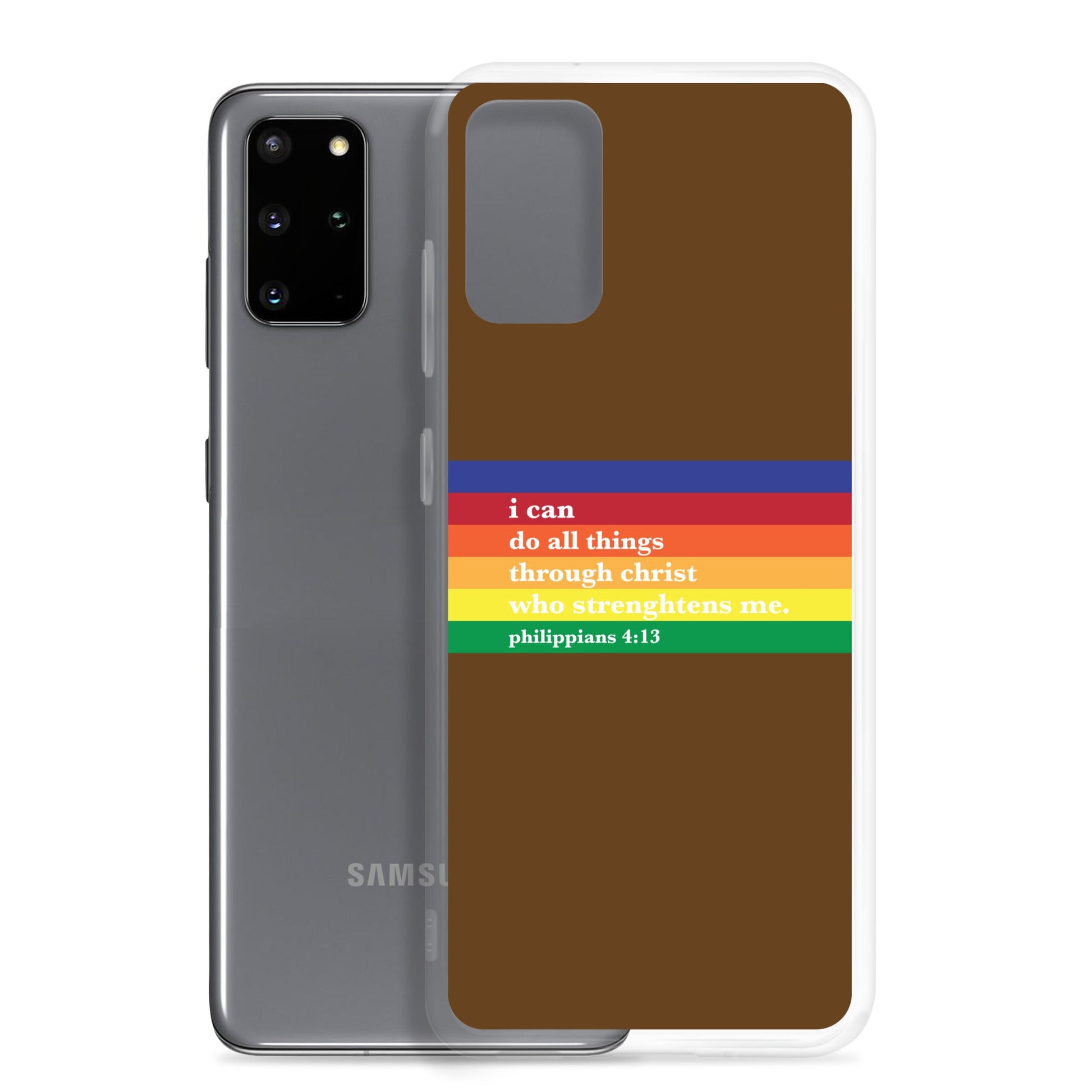 Philippians 4:13 - Chocolate - Samsung Case for Galaxy S10, S10+, S10e, S20, S20 FE, S20 Plus, S20 Ultra, S21, S21 Plus, S21 Ultra, S21 - Creation Awaits