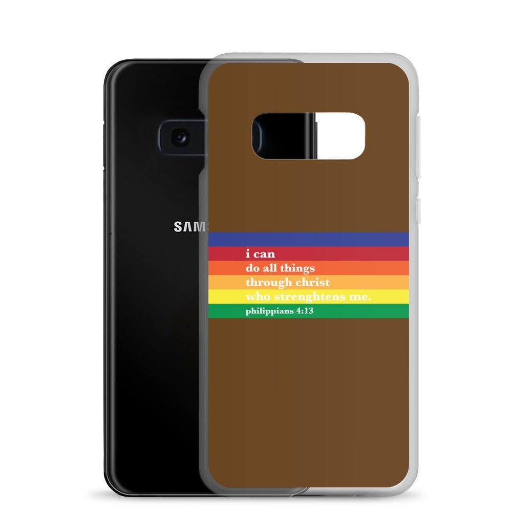 Philippians 4:13 - Chocolate - Samsung Case for Galaxy S10, S10+, S10e, S20, S20 FE, S20 Plus, S20 Ultra, S21, S21 Plus, S21 Ultra, S21 - Creation Awaits