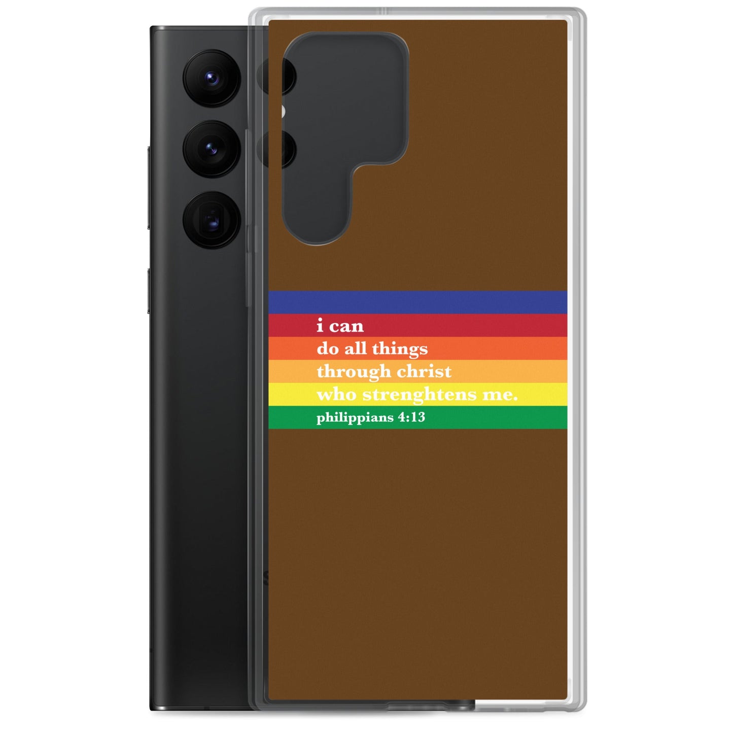 Philippians 4:13 - Chocolate - Samsung Case for Galaxy S10, S10+, S10e, S20, S20 FE, S20 Plus, S20 Ultra, S21, S21 Plus, S21 Ultra, S21 - Creation Awaits