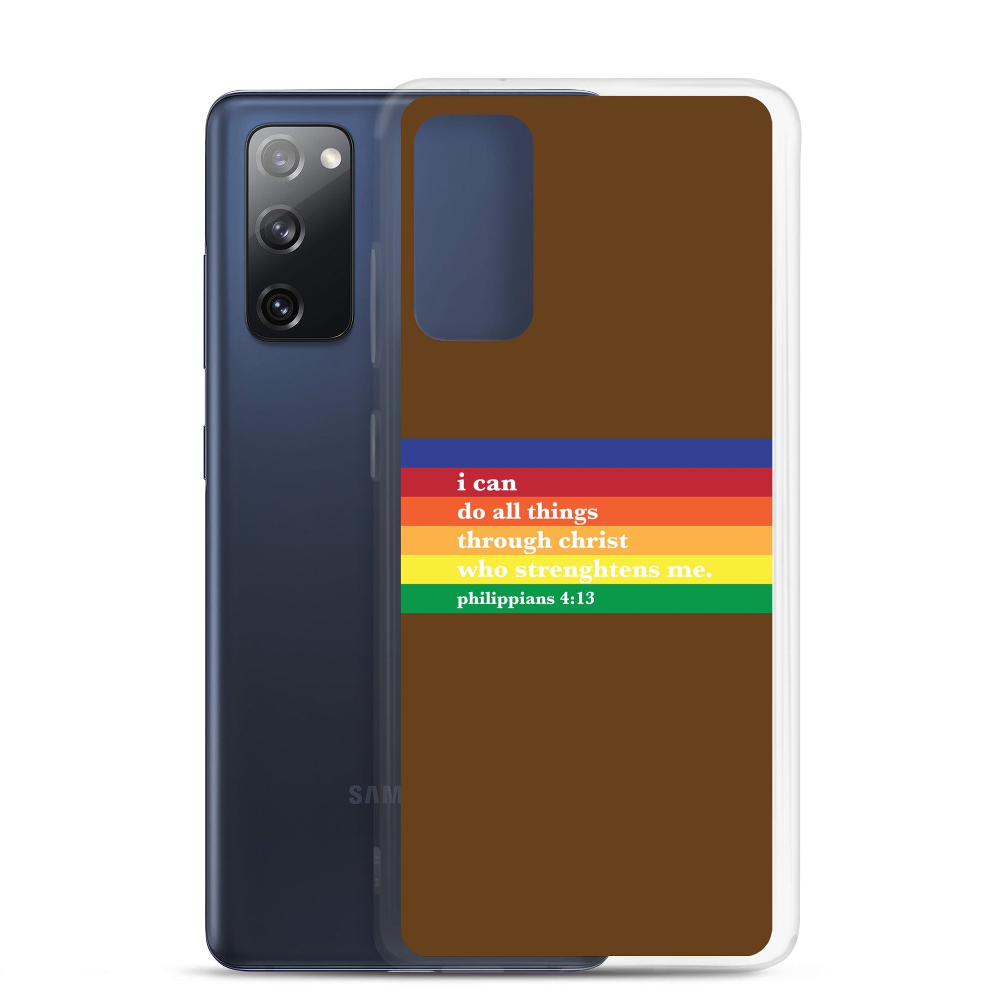 Philippians 4:13 - Chocolate - Samsung Case for Galaxy S10, S10+, S10e, S20, S20 FE, S20 Plus, S20 Ultra, S21, S21 Plus, S21 Ultra, S21 - Creation Awaits