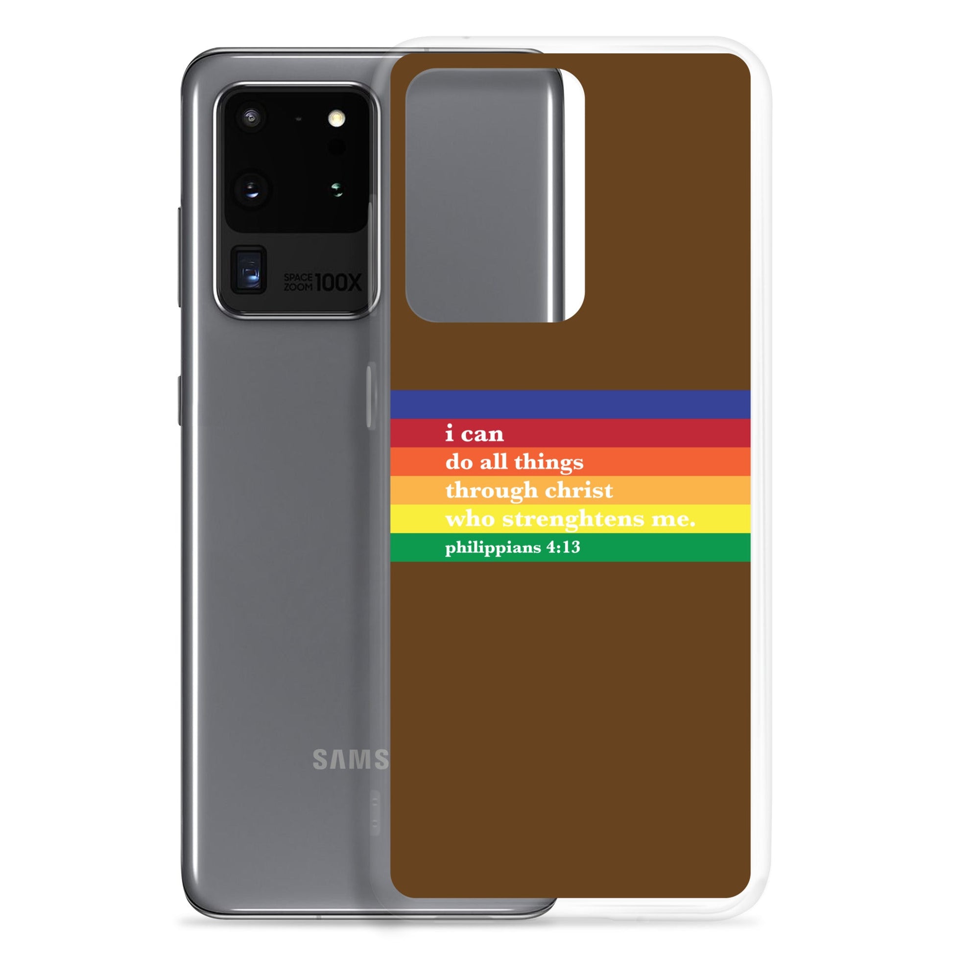 Philippians 4:13 - Chocolate - Samsung Case for Galaxy S10, S10+, S10e, S20, S20 FE, S20 Plus, S20 Ultra, S21, S21 Plus, S21 Ultra, S21 - Creation Awaits