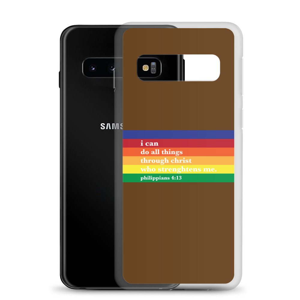 Philippians 4:13 - Chocolate - Samsung Case for Galaxy S10, S10+, S10e, S20, S20 FE, S20 Plus, S20 Ultra, S21, S21 Plus, S21 Ultra, S21 - Creation Awaits