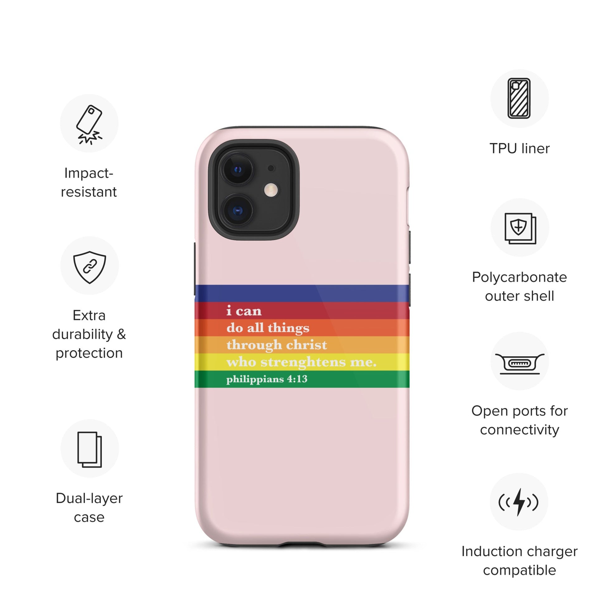 Philippians 4:13 - Pink - Tough iPhone case for iPhone 11 Pro Max & Mini, 12 Pro Max & Mini, 13 Pro Max & Mini, 14 Pro Max & Mini - Creation Awaits