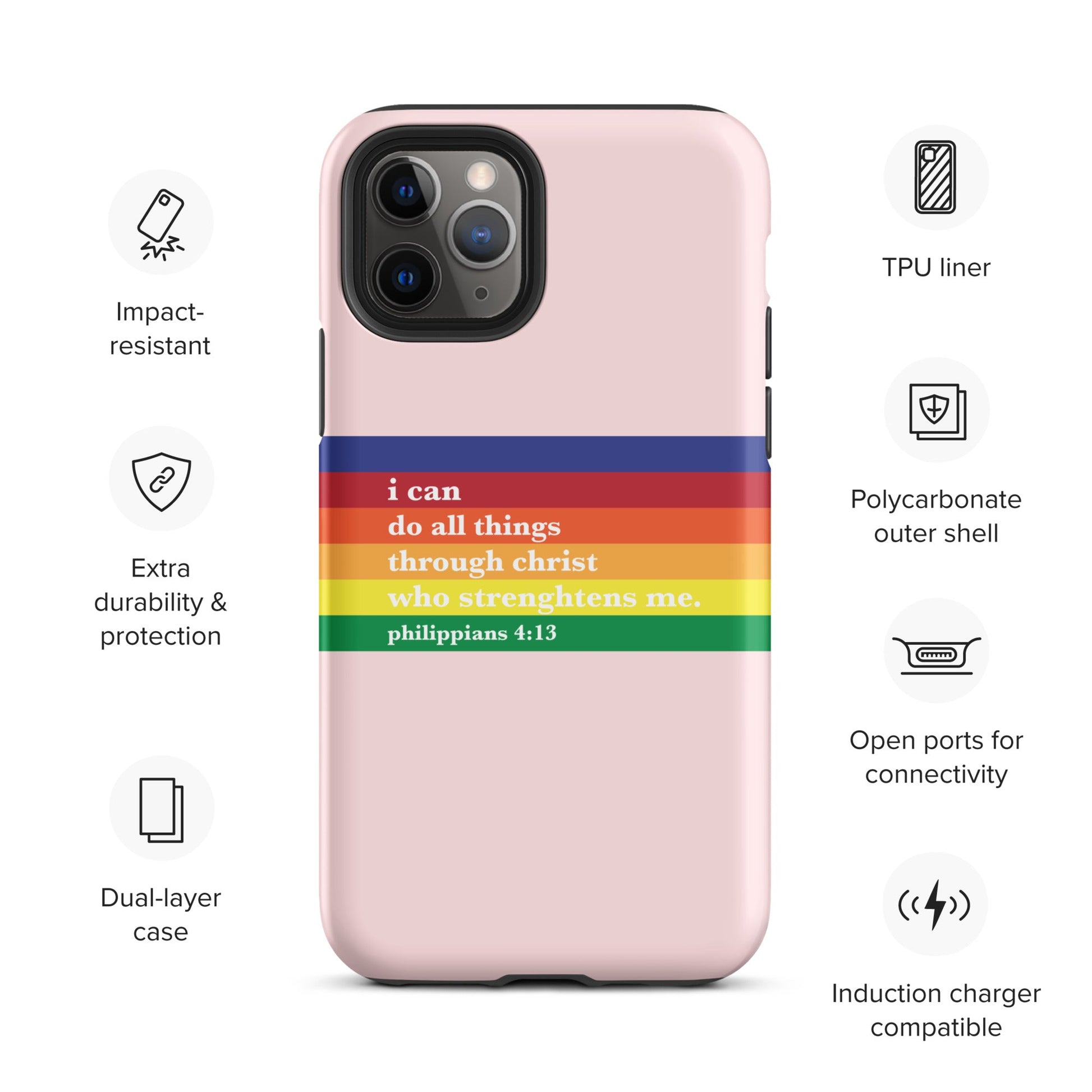 Philippians 4:13 - Pink - Tough iPhone case for iPhone 11 Pro Max & Mini, 12 Pro Max & Mini, 13 Pro Max & Mini, 14 Pro Max & Mini - Creation Awaits