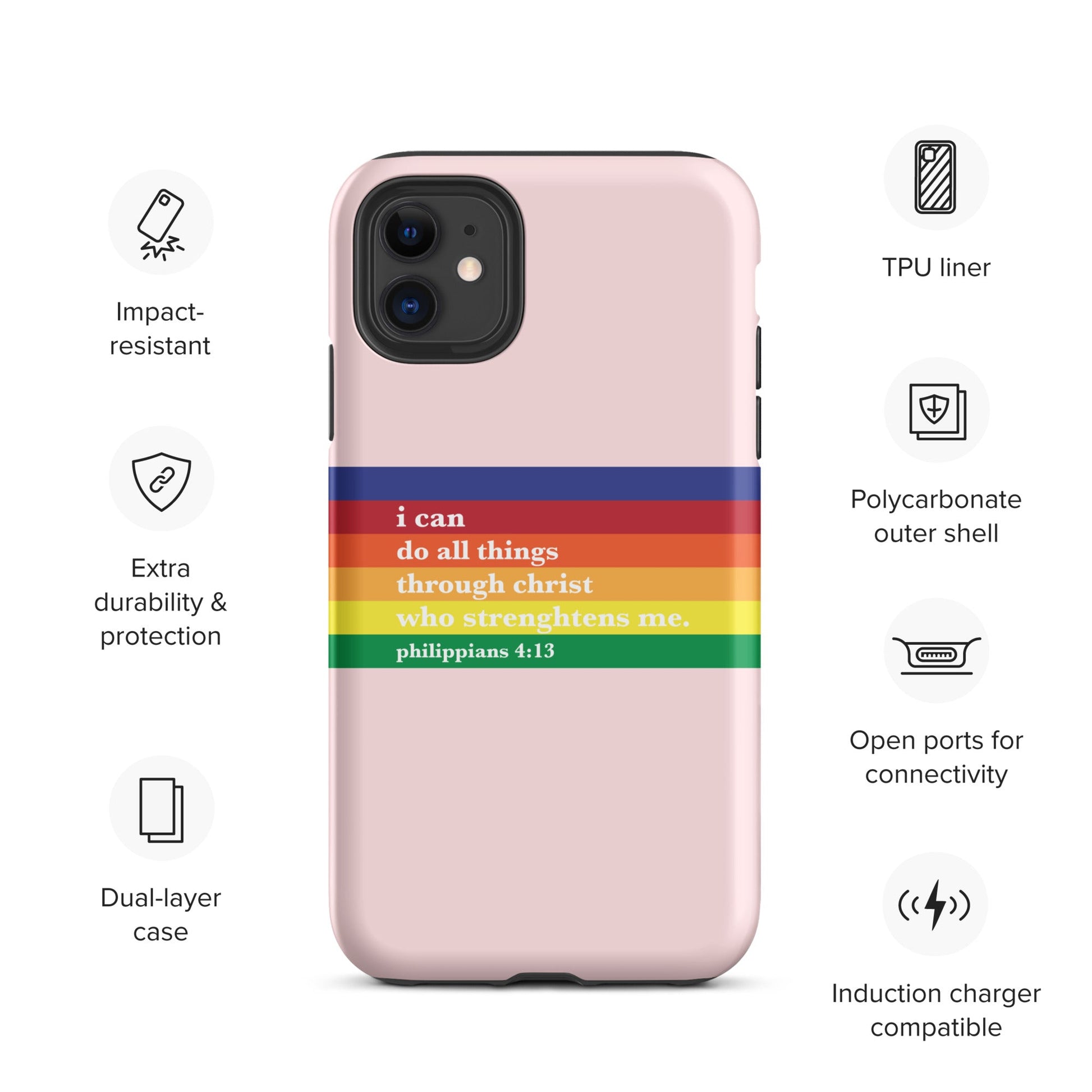 Philippians 4:13 - Pink - Tough iPhone case for iPhone 11 Pro Max & Mini, 12 Pro Max & Mini, 13 Pro Max & Mini, 14 Pro Max & Mini - Creation Awaits