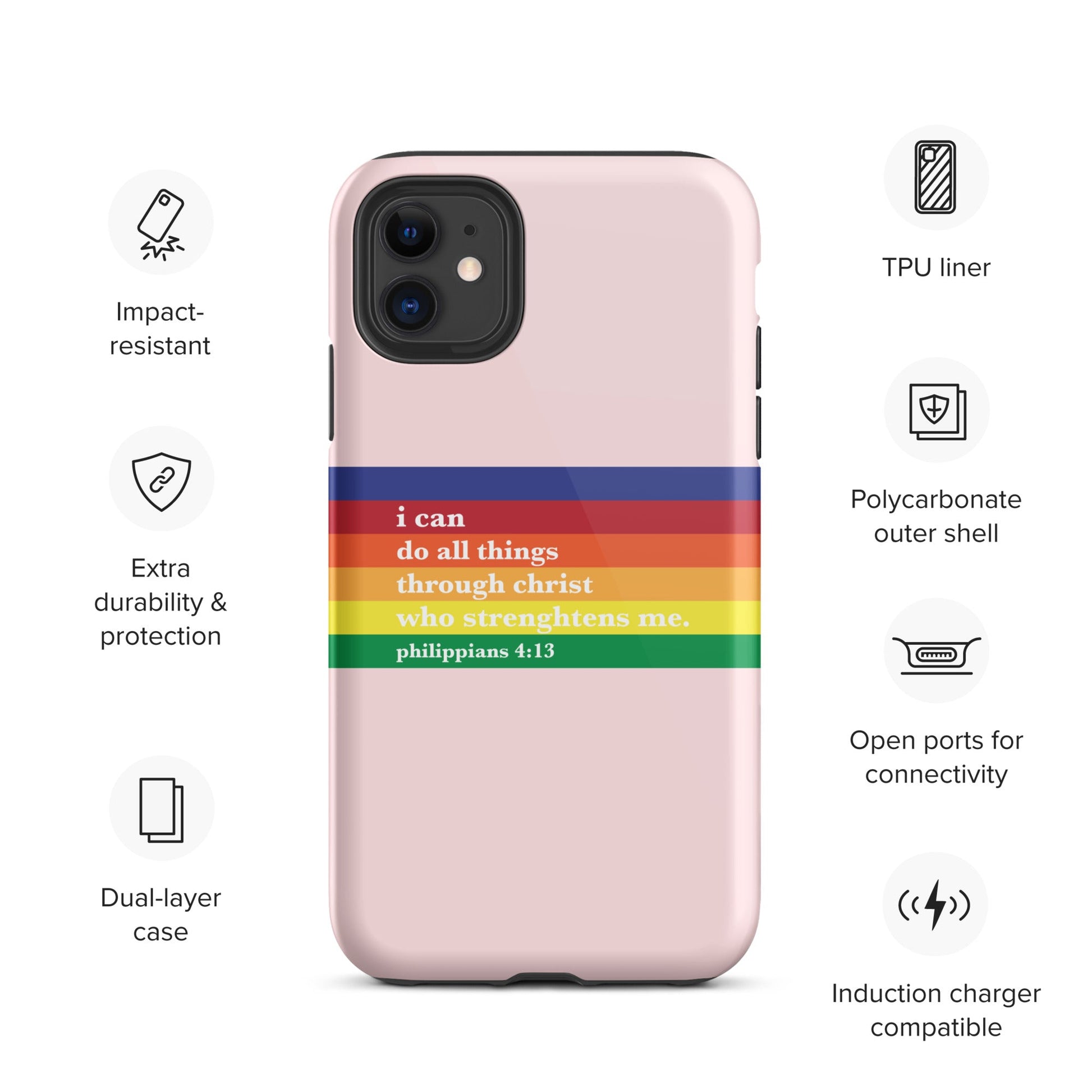 Philippians 4:13 - Pink - Tough iPhone case for iPhone 11 Pro Max & Mini, 12 Pro Max & Mini, 13 Pro Max & Mini, 14 Pro Max & Mini - Creation Awaits