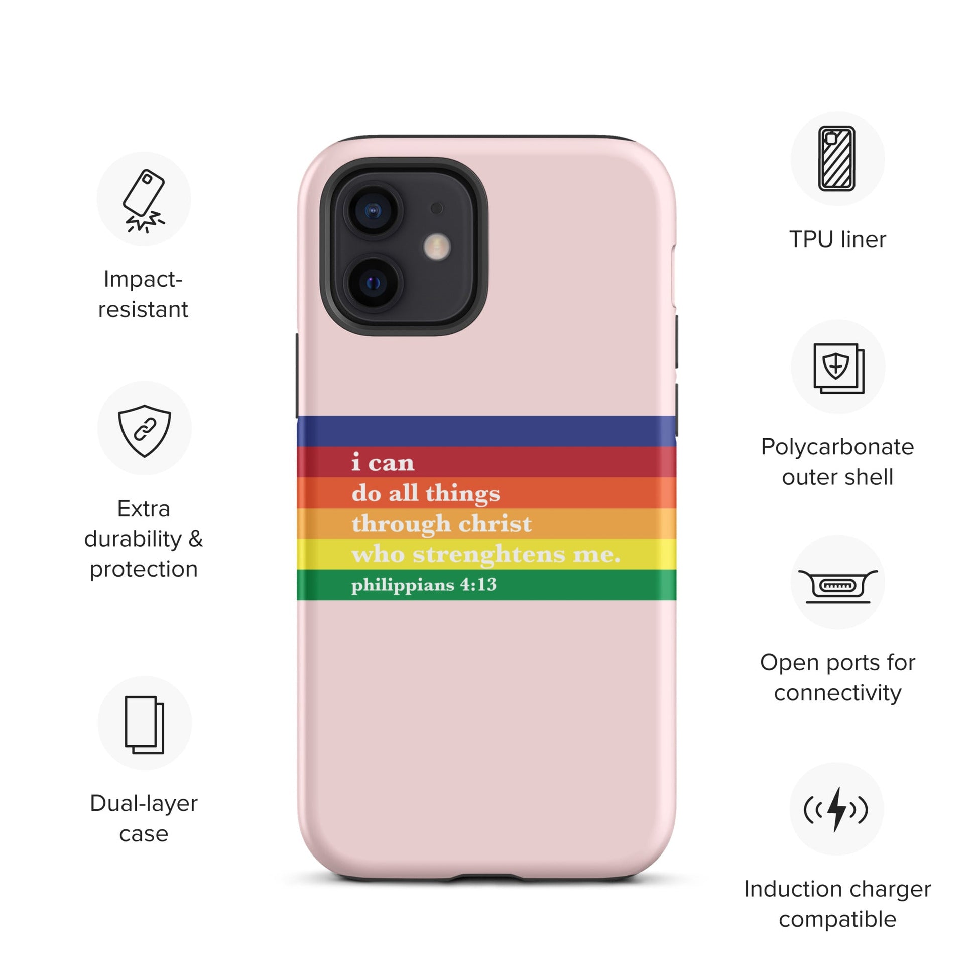 Philippians 4:13 - Pink - Tough iPhone case for iPhone 11 Pro Max & Mini, 12 Pro Max & Mini, 13 Pro Max & Mini, 14 Pro Max & Mini - Creation Awaits