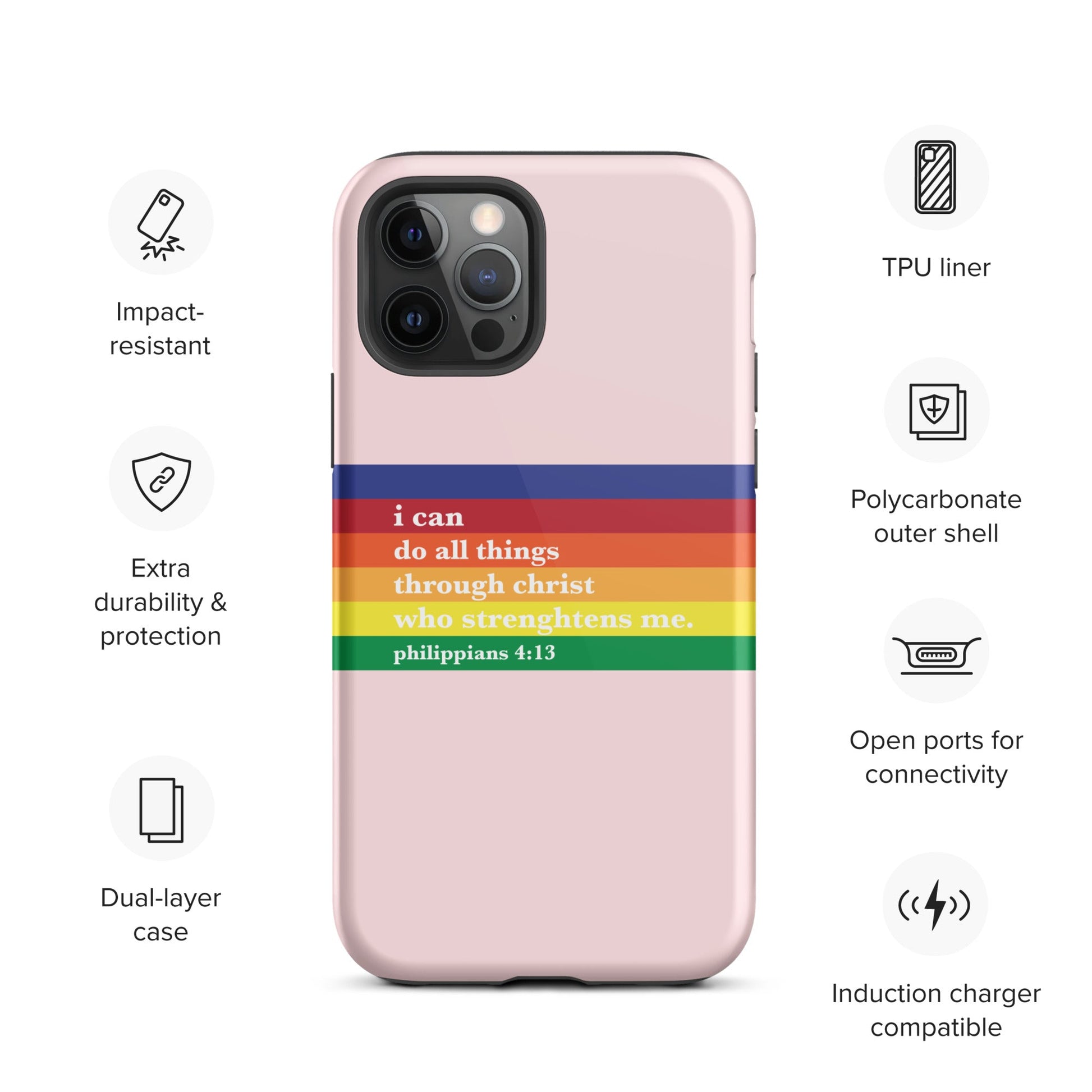 Philippians 4:13 - Pink - Tough iPhone case for iPhone 11 Pro Max & Mini, 12 Pro Max & Mini, 13 Pro Max & Mini, 14 Pro Max & Mini - Creation Awaits